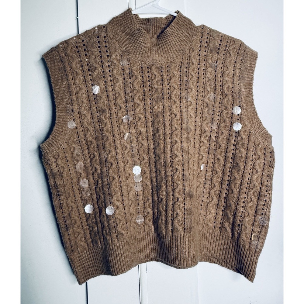 Rain + Rose Sweater Vest Small NWT Cable Knit Sequin Mock Neck Mocha Wool Blend